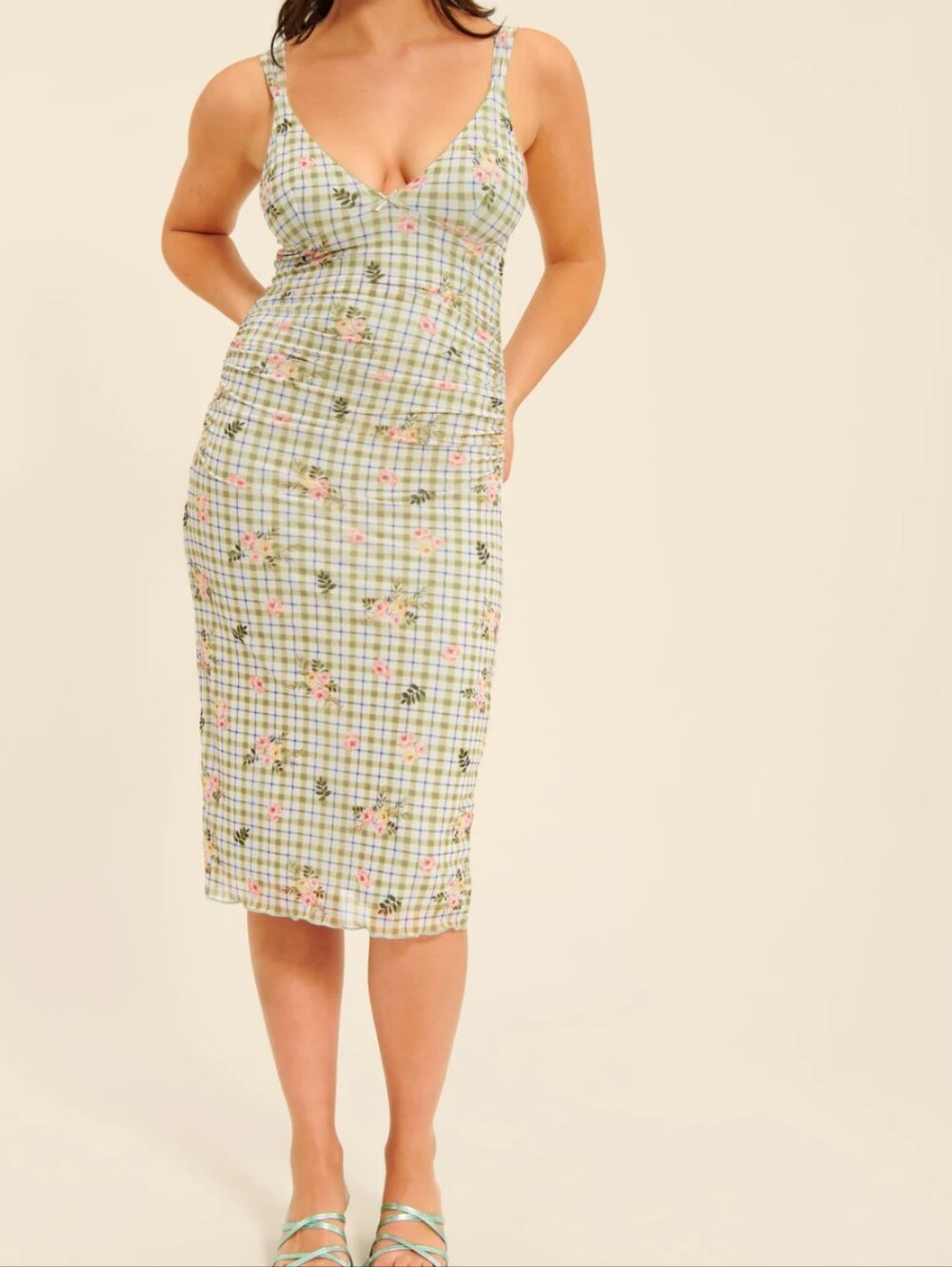 Rouje Linda Green Floral Midi Dress French 36 Bodycon Mesh Party Plaid Luxury